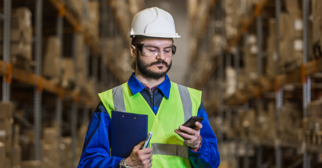 funcionário utilizando celular na fábrica